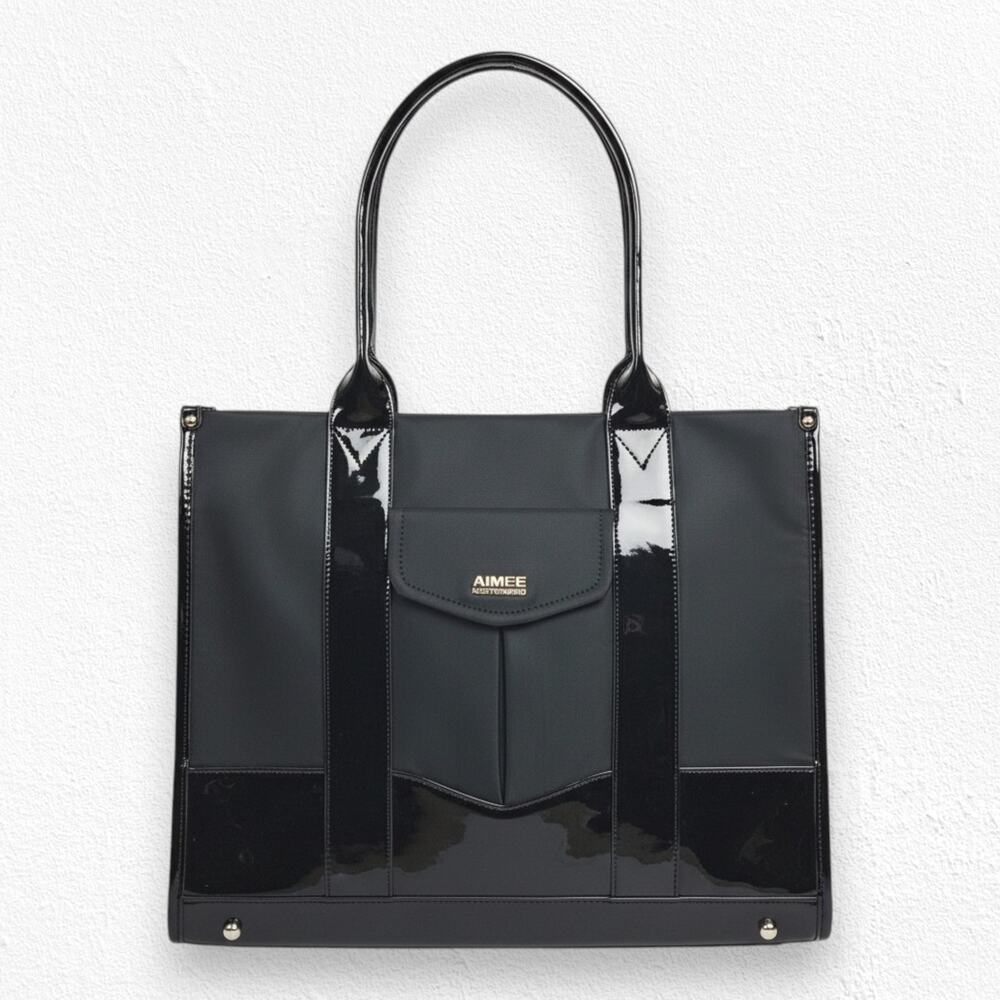 Aimee Kestenberg Heston Tote Bag Black Nylon Patent Trim Large Shoulder Work Bag